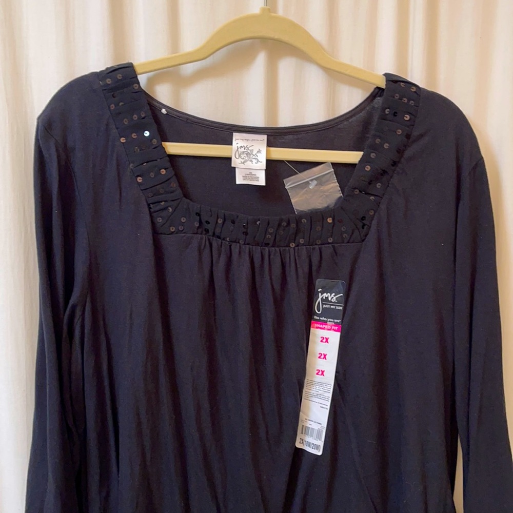Brand New- Black Long Sleeve Square Neck Style with Sequins Cotton Shirt